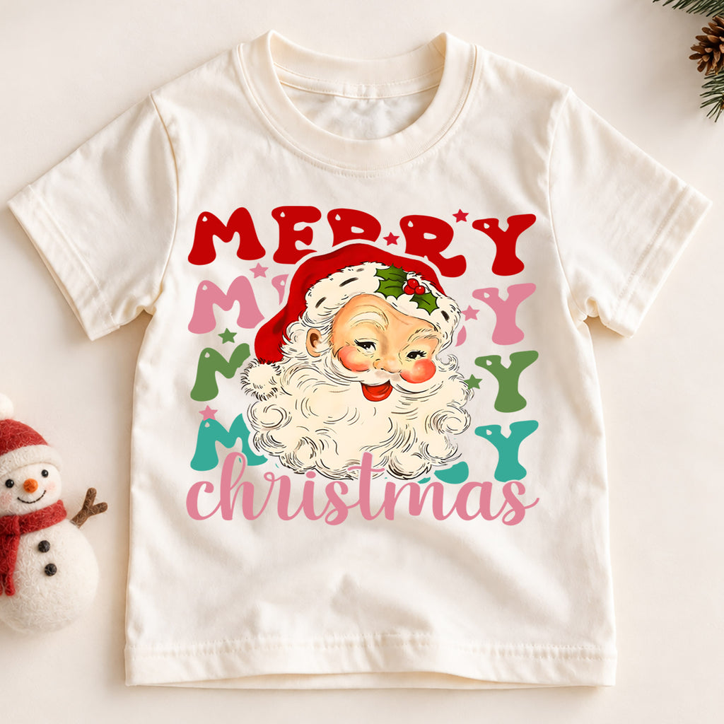 Merry Merry Merry Christmas Kids Shirt, Vintage Santa Holiday Tee, Colorful Retro Xmas T Shirt, Cute Christmas Gift for Kids — product view 2
