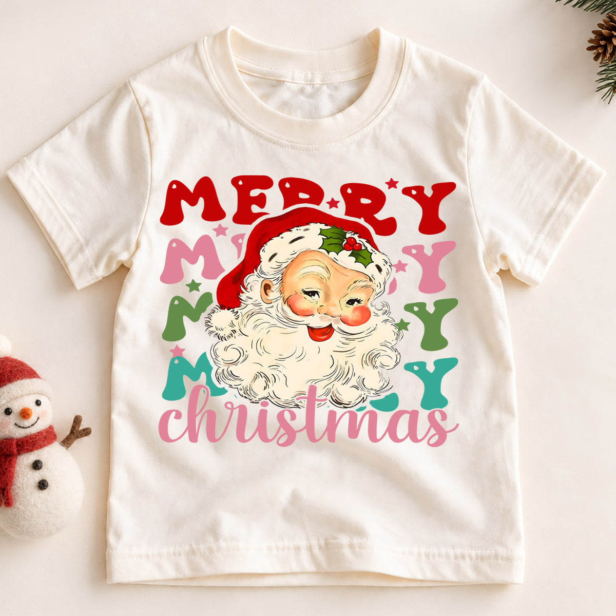 Merry Merry Merry Christmas Kids Shirt, Vintage Santa Holiday Tee, Colorful Retro Xmas T Shirt, Cute Christmas Gift for Kids — product view 2