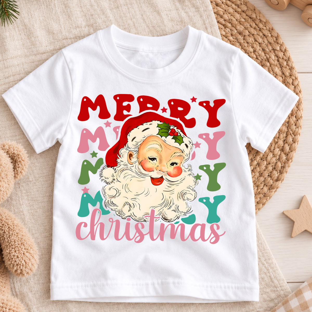 Merry Merry Merry Christmas Kids Shirt, Vintage Santa Holiday Tee, Colorful Retro Xmas T Shirt, Cute Christmas Gift for Kids — product view 3