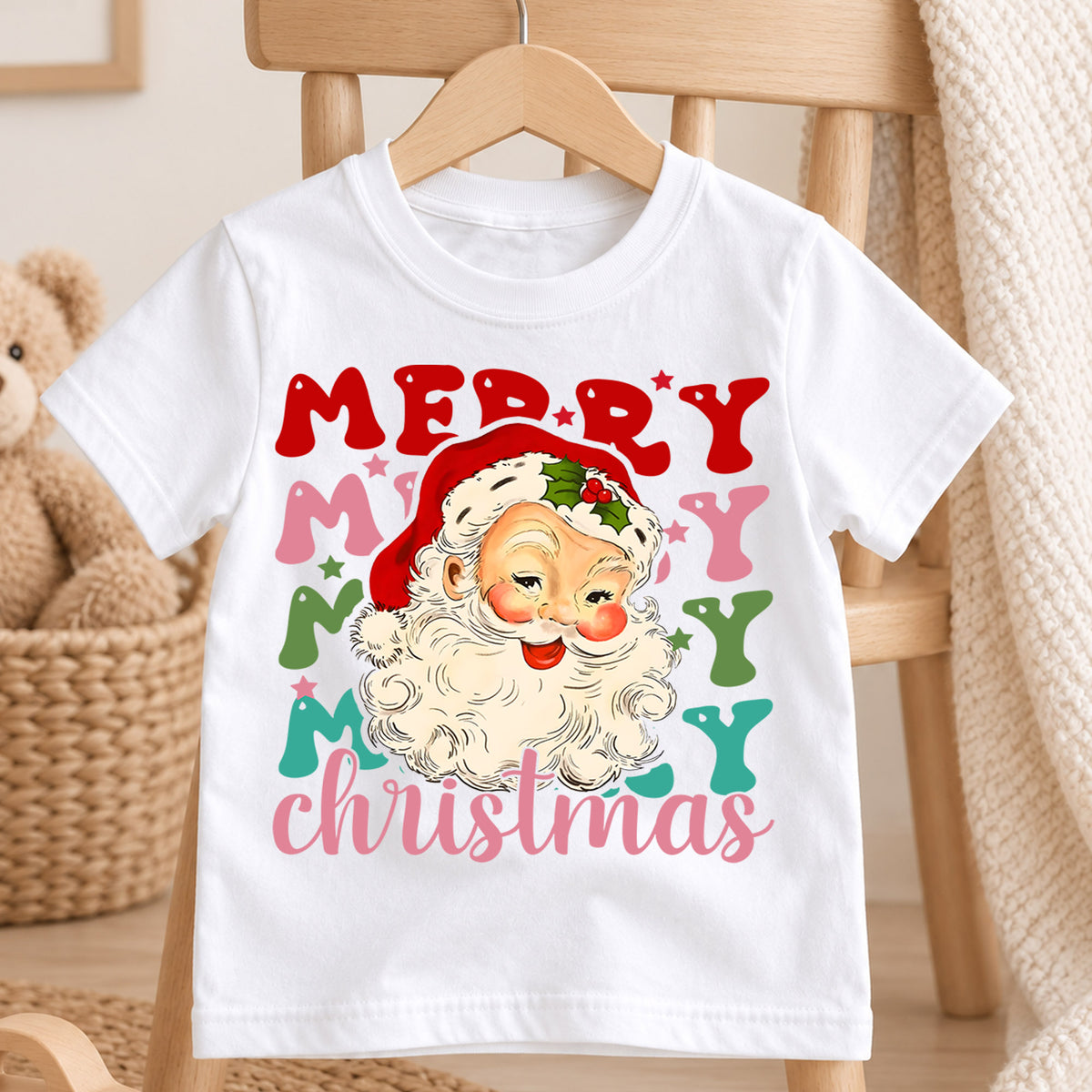 Merry Merry Merry Christmas Kids Shirt, Vintage Santa Holiday Tee, Colorful Retro Xmas T Shirt, Cute Christmas Gift for Kids — product view 4