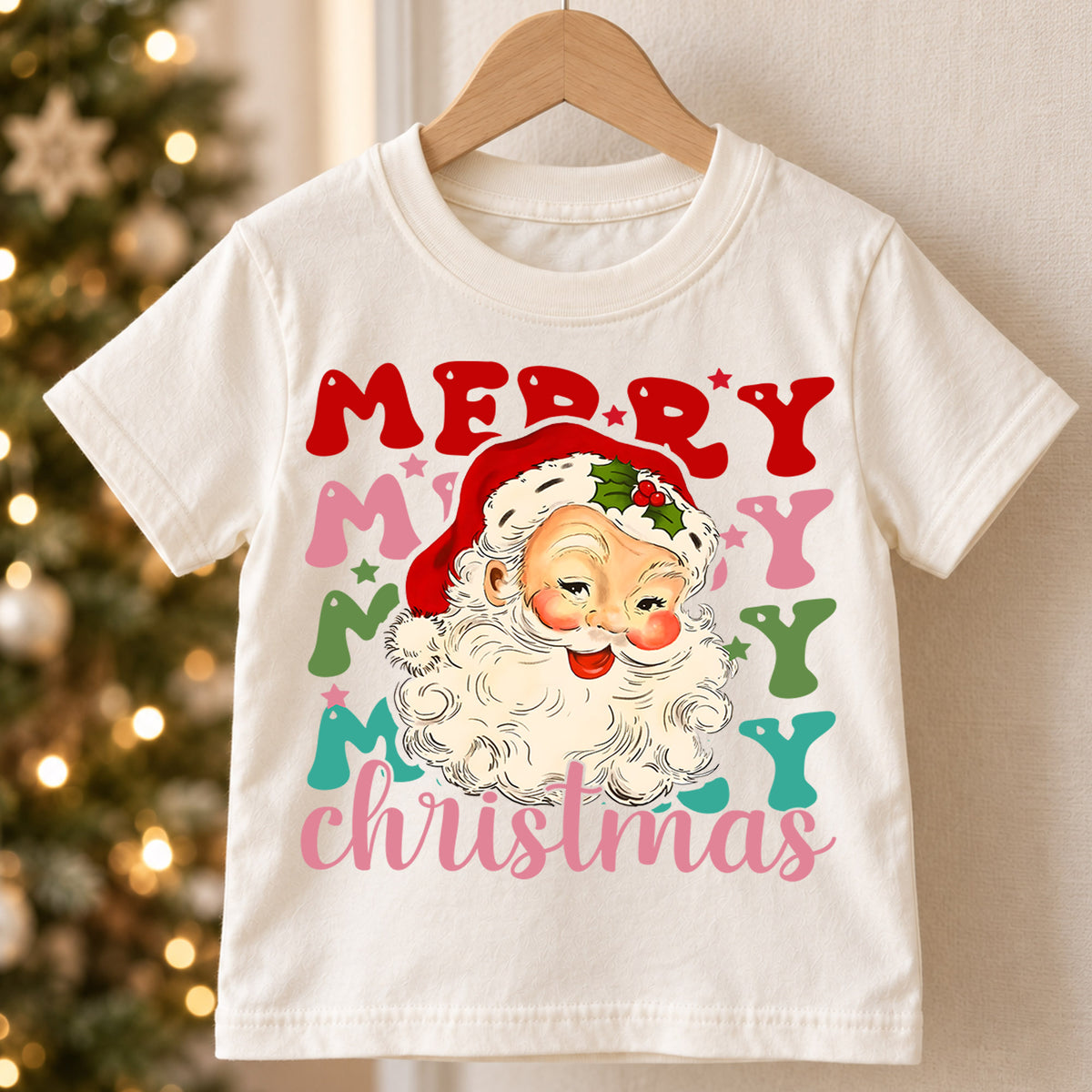 Merry Merry Merry Christmas Kids Shirt, Vintage Santa Holiday Tee, Colorful Retro Xmas T Shirt, Cute Christmas Gift for Kids — product view 5