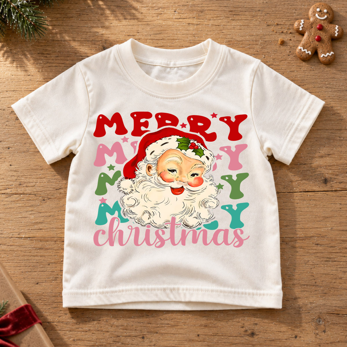 Merry Merry Merry Christmas Kids Shirt, Vintage Santa Holiday Tee, Colorful Retro Xmas T Shirt, Cute Christmas Gift for Kids — product view 6