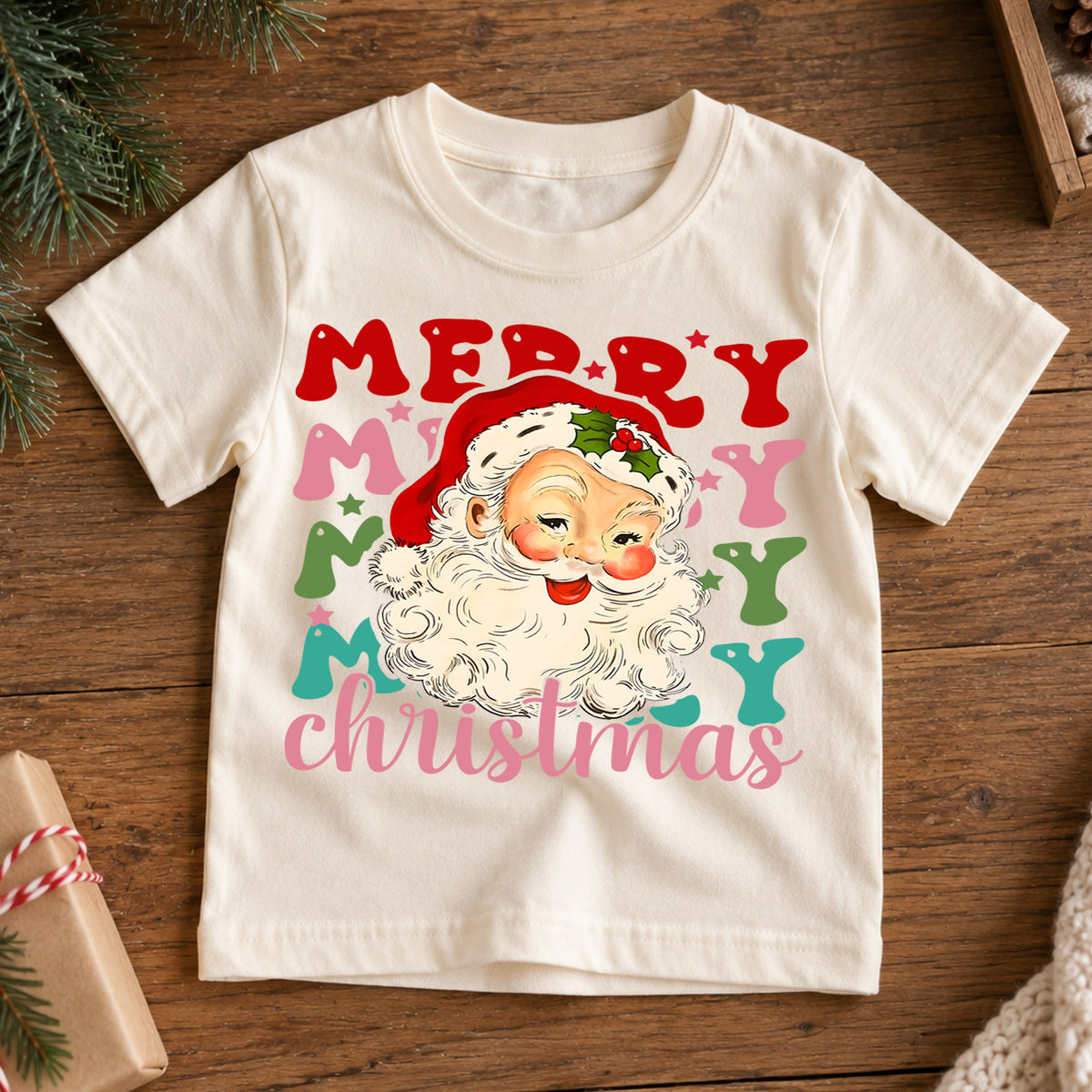 Merry Merry Merry Christmas Kids Shirt, Vintage Santa Holiday Tee, Colorful Retro Xmas T Shirt, Cute Christmas Gift for Kids — product view 7