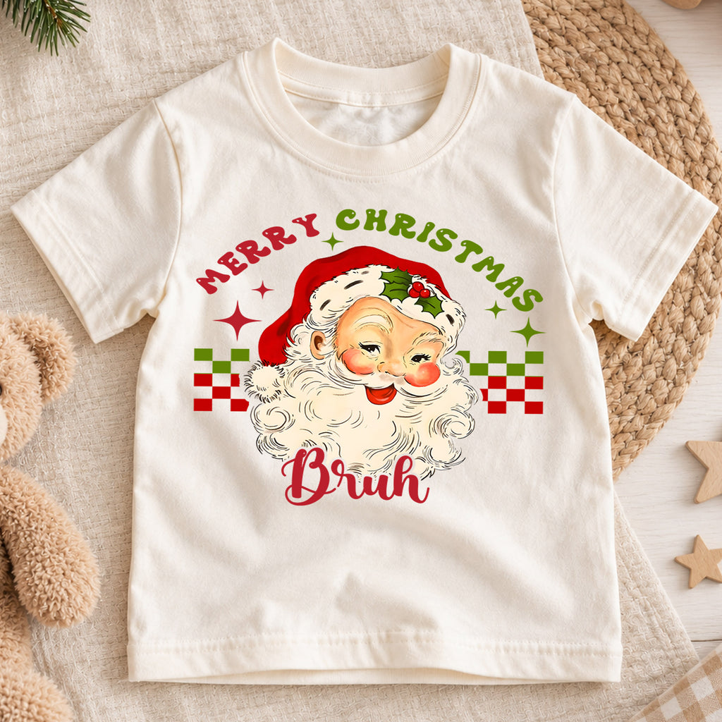 Merry Christmas Bruh Kids Shirt, Funny Vintage Santa Tee, Retro Christmas T Shirt, Cool Holiday Xmas Gift for Kids — product view 1