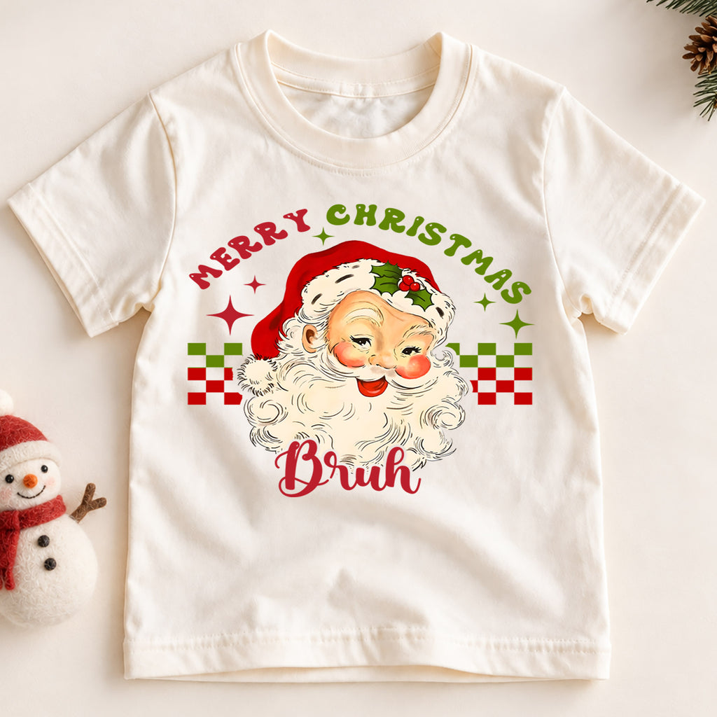 Merry Christmas Bruh Kids Shirt, Funny Vintage Santa Tee, Retro Christmas T Shirt, Cool Holiday Xmas Gift for Kids — product view 2