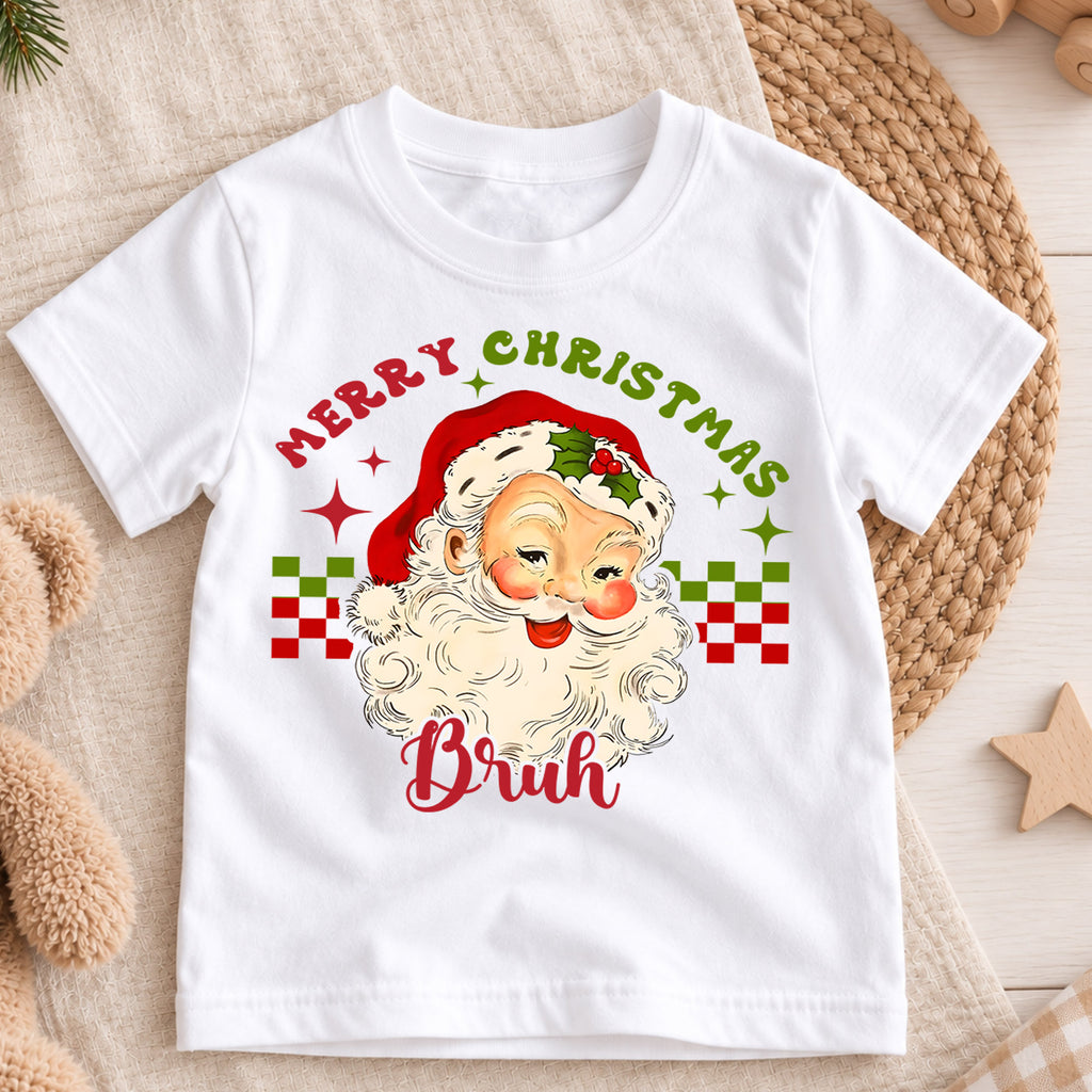 Merry Christmas Bruh Kids Shirt, Funny Vintage Santa Tee, Retro Christmas T Shirt, Cool Holiday Xmas Gift for Kids — product view 3