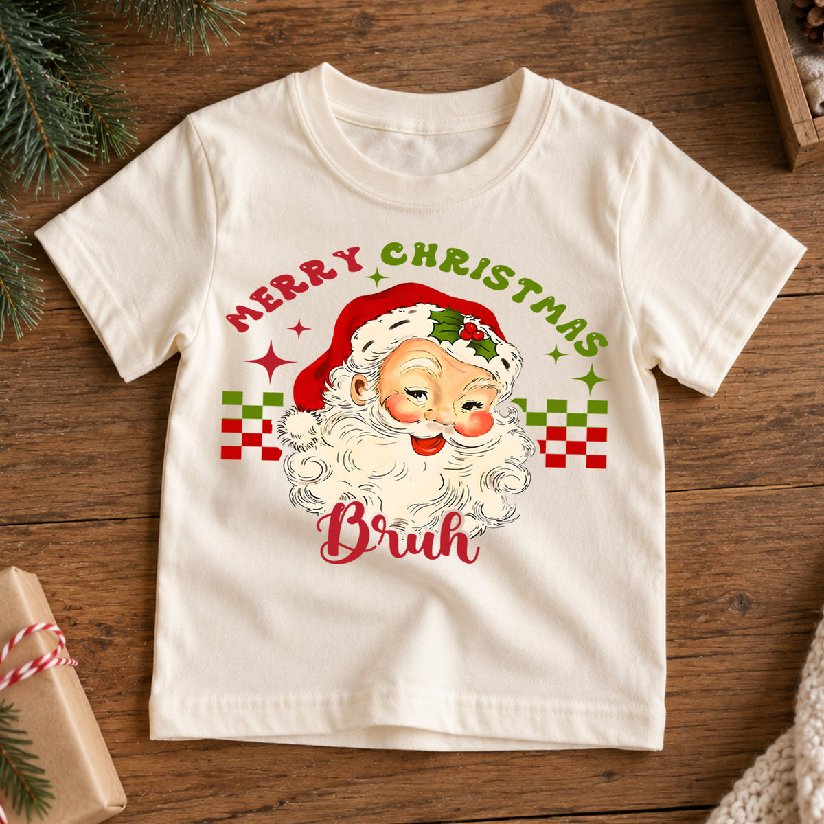 Merry Christmas Bruh Kids Shirt, Funny Vintage Santa Tee, Retro Christmas T Shirt, Cool Holiday Xmas Gift for Kids — product view 7