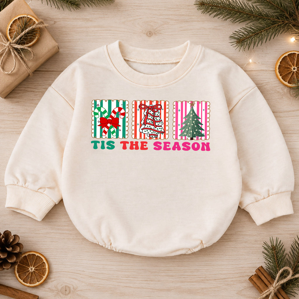 Retro Christmas Baby Romper, Tis the Season Holiday Outfit, Candy Cane Bell Tree Romper, Cute Toddler Xmas Holiday Gift — product view 1