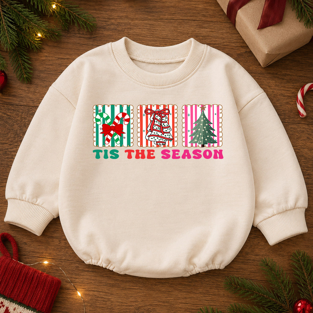 Retro Christmas Baby Romper, Tis the Season Holiday Outfit, Candy Cane Bell Tree Romper, Cute Toddler Xmas Holiday Gift — product view 2