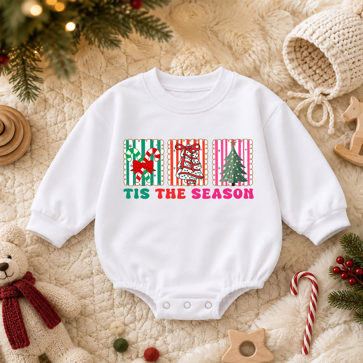 Retro Christmas Baby Romper, Tis the Season Holiday Outfit, Candy Cane Bell Tree Romper, Cute Toddler Xmas Holiday Gift — product view 3