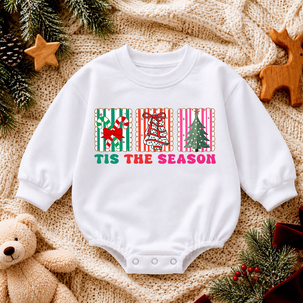 Retro Christmas Baby Romper, Tis the Season Holiday Outfit, Candy Cane Bell Tree Romper, Cute Toddler Xmas Holiday Gift — product view 4