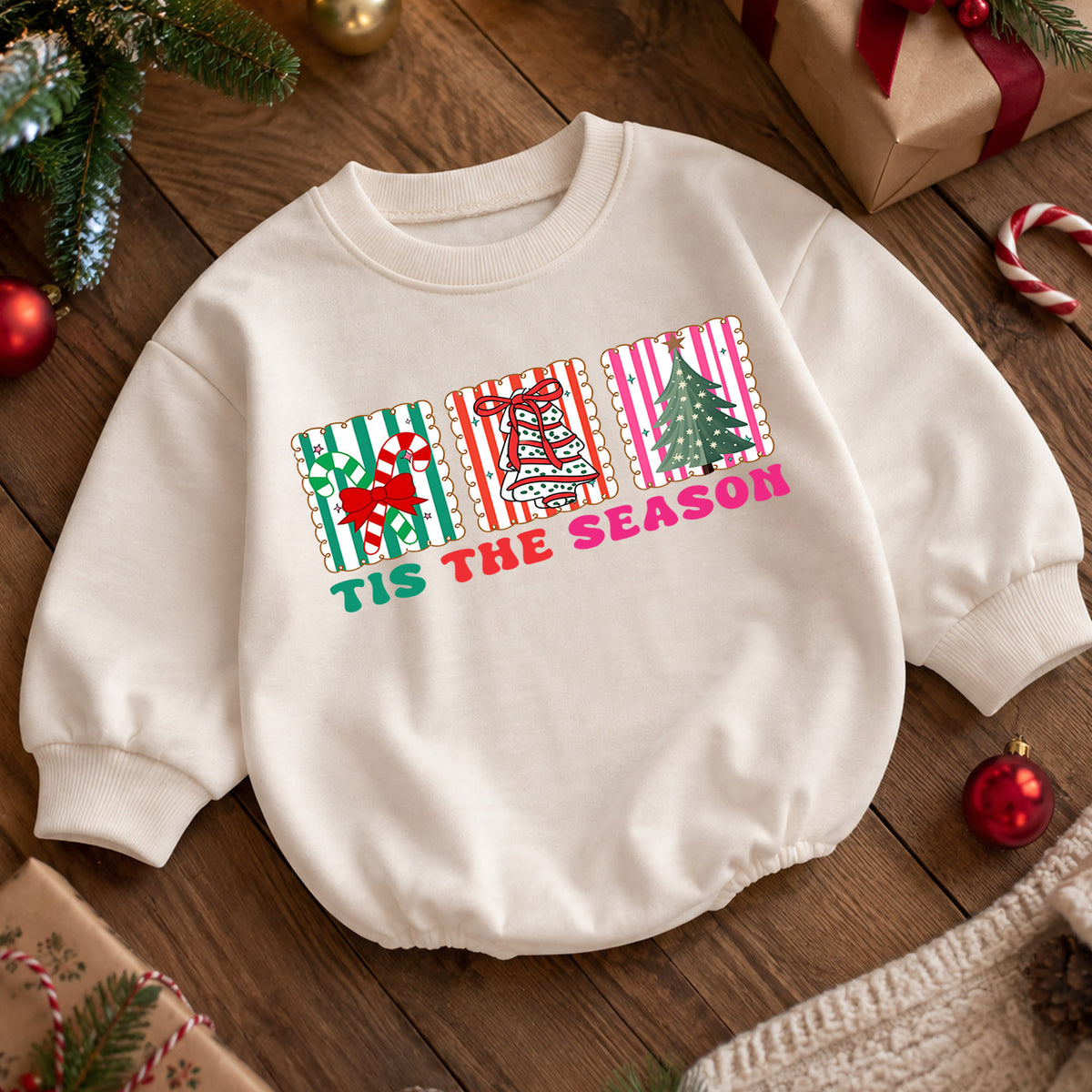 Retro Christmas Baby Romper, Tis the Season Holiday Outfit, Candy Cane Bell Tree Romper, Cute Toddler Xmas Holiday Gift — product view 5