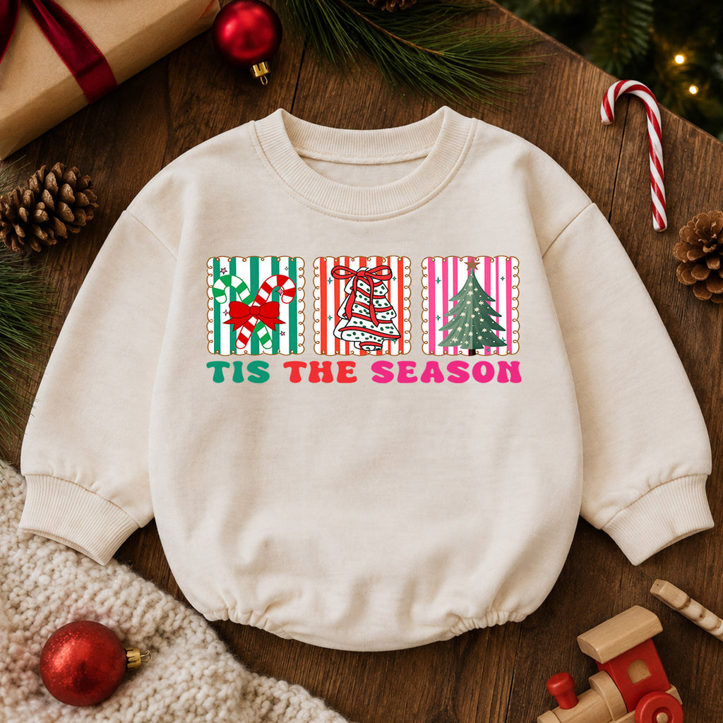 Retro Christmas Baby Romper, Tis the Season Holiday Outfit, Candy Cane Bell Tree Romper, Cute Toddler Xmas Holiday Gift — product view 6