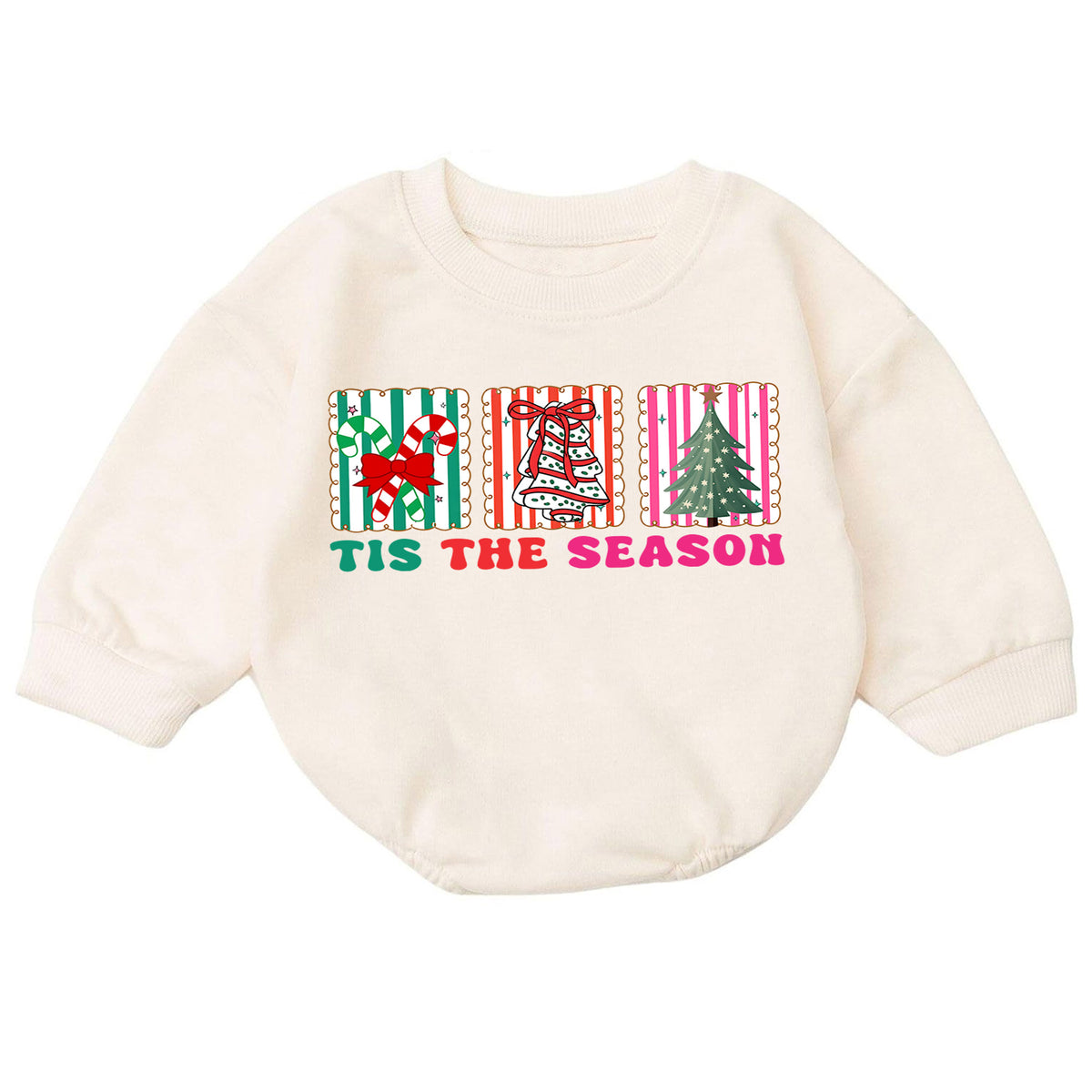 Retro Christmas Baby Romper, Tis the Season Holiday Outfit, Candy Cane Bell Tree Romper, Cute Toddler Xmas Holiday Gift — product view 7
