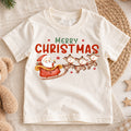 Merry Christmas Kids Shirt, Santa Sleigh Reindeer Holiday Tee, Cute Watercolor Christmas T Shirt, Festive Xmas Gift for Kids — product view 1