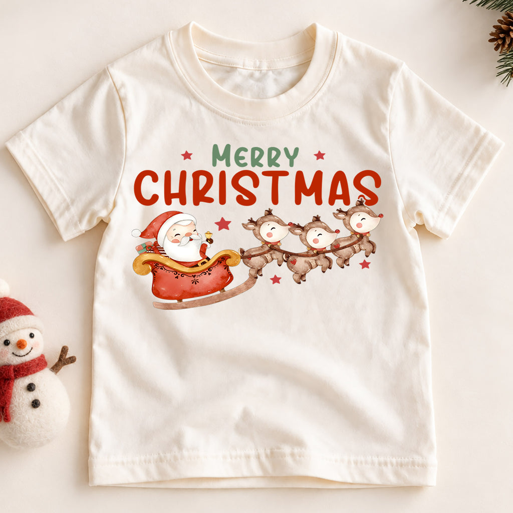 Merry Christmas Kids Shirt, Santa Sleigh Reindeer Holiday Tee, Cute Watercolor Christmas T Shirt, Festive Xmas Gift for Kids — product view 2