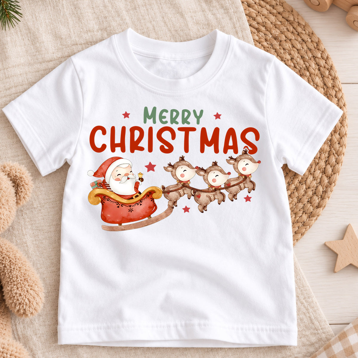 Merry Christmas Kids Shirt, Santa Sleigh Reindeer Holiday Tee, Cute Watercolor Christmas T Shirt, Festive Xmas Gift for Kids — product view 3