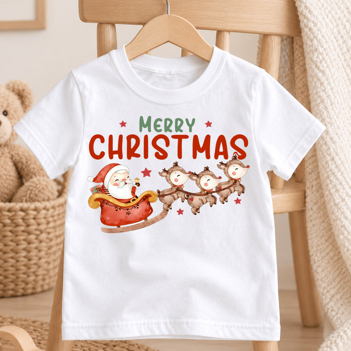 Merry Christmas Kids Shirt, Santa Sleigh Reindeer Holiday Tee, Cute Watercolor Christmas T Shirt, Festive Xmas Gift for Kids — product view 4