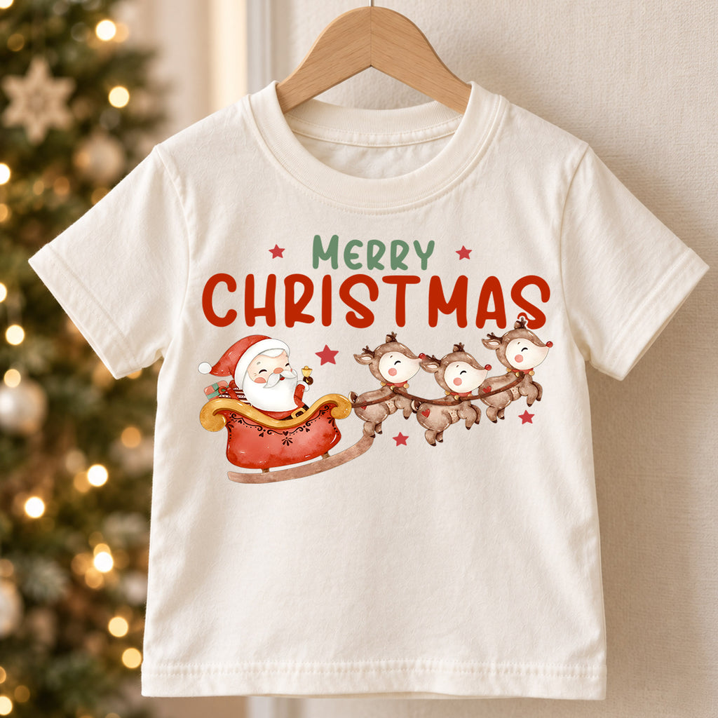Merry Christmas Kids Shirt, Santa Sleigh Reindeer Holiday Tee, Cute Watercolor Christmas T Shirt, Festive Xmas Gift for Kids — product view 5