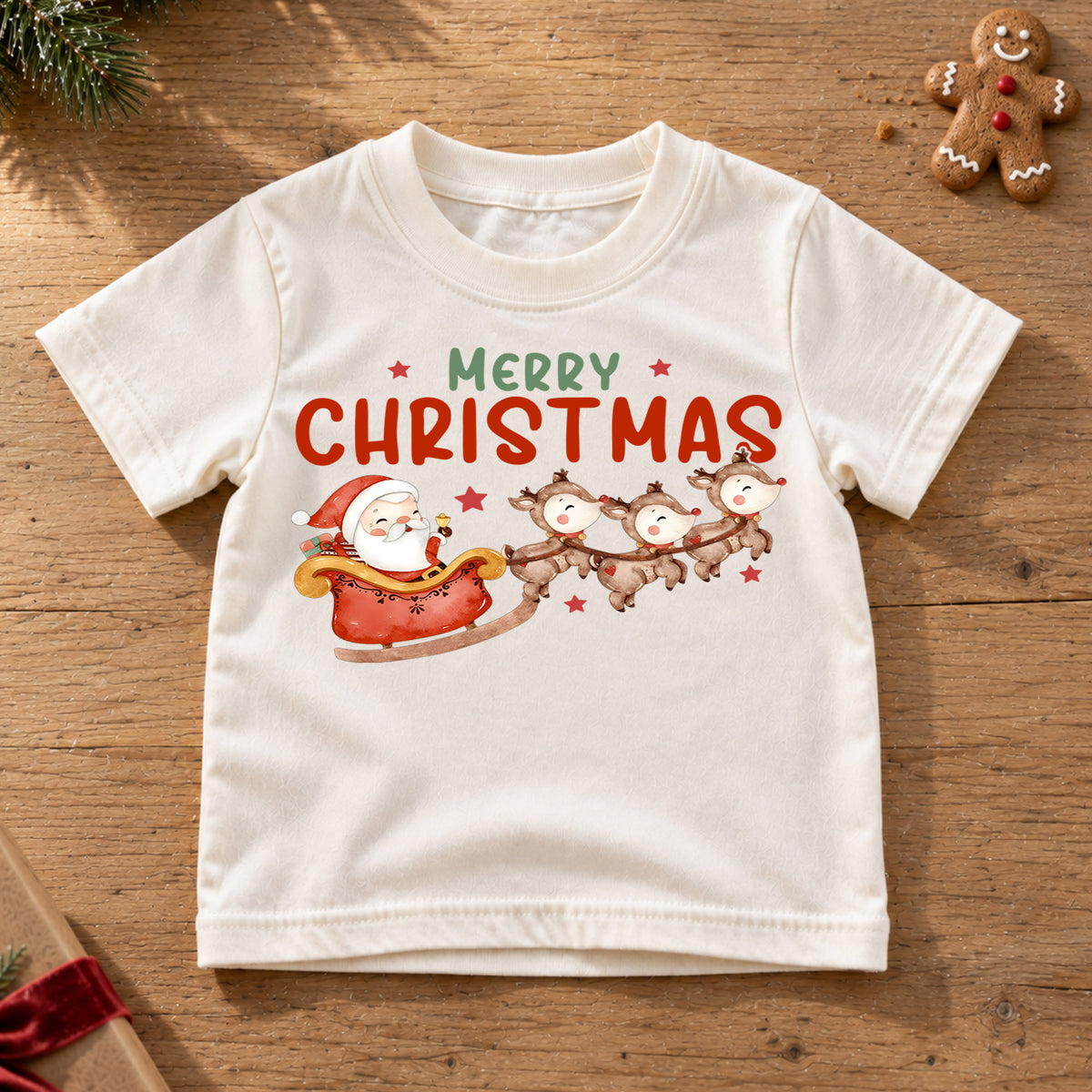 Merry Christmas Kids Shirt, Santa Sleigh Reindeer Holiday Tee, Cute Watercolor Christmas T Shirt, Festive Xmas Gift for Kids — product view 6