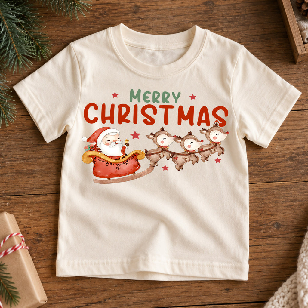 Merry Christmas Kids Shirt, Santa Sleigh Reindeer Holiday Tee, Cute Watercolor Christmas T Shirt, Festive Xmas Gift for Kids — product view 7