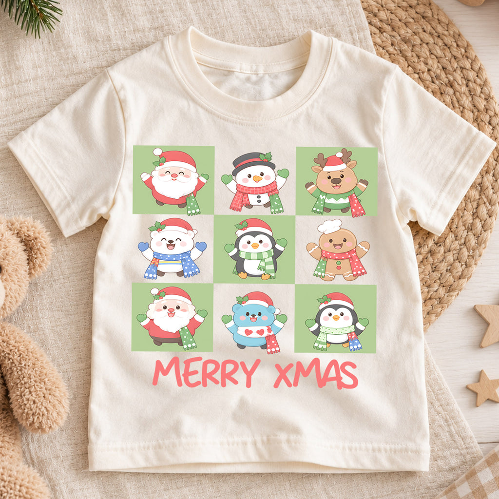Merry Xmas Kids Christmas Shirt, Cute Holiday Character Tee, Santa Penguin Snowman Gingerbread T Shirt, Festive Kids Gift — product view 1