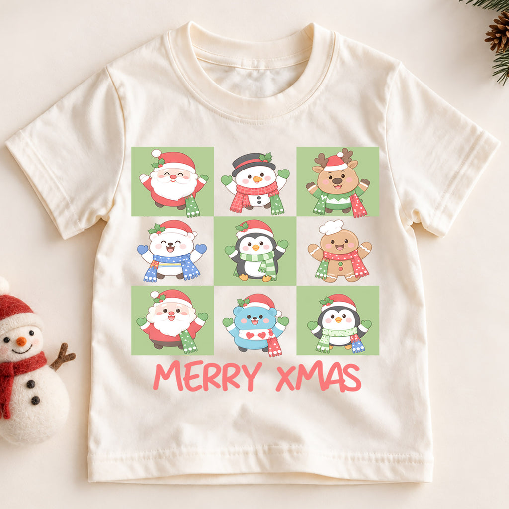 Merry Xmas Kids Christmas Shirt, Cute Holiday Character Tee, Santa Penguin Snowman Gingerbread T Shirt, Festive Kids Gift — product view 2