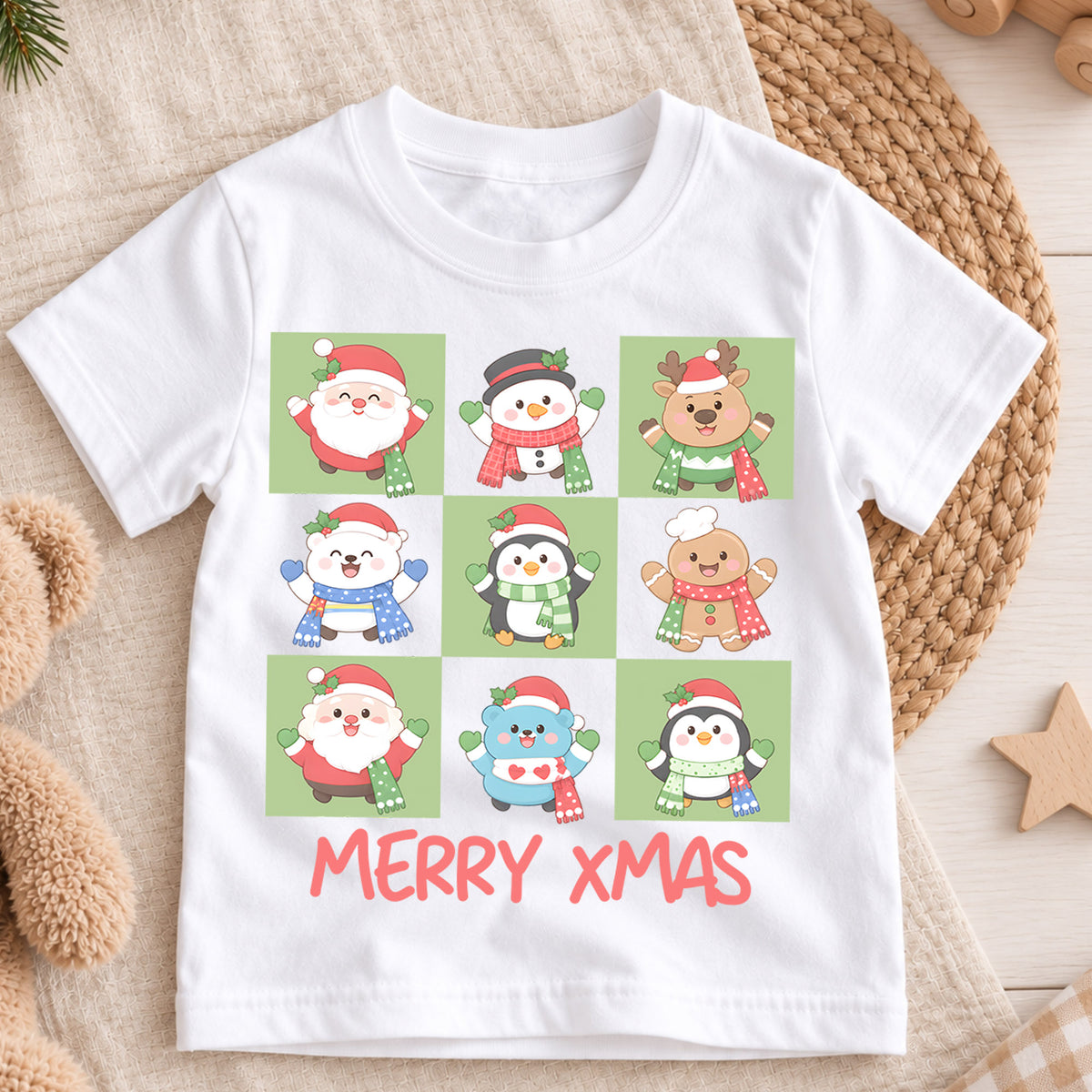 Merry Xmas Kids Christmas Shirt, Cute Holiday Character Tee, Santa Penguin Snowman Gingerbread T Shirt, Festive Kids Gift — product view 3
