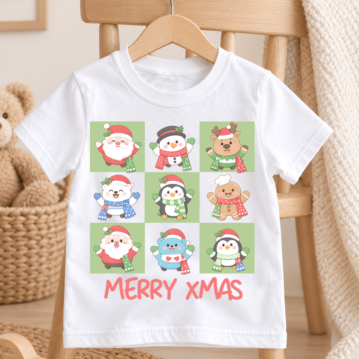 Merry Xmas Kids Christmas Shirt, Cute Holiday Character Tee, Santa Penguin Snowman Gingerbread T Shirt, Festive Kids Gift — product view 4