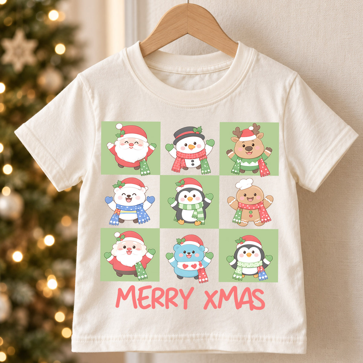 Merry Xmas Kids Christmas Shirt, Cute Holiday Character Tee, Santa Penguin Snowman Gingerbread T Shirt, Festive Kids Gift — product view 5
