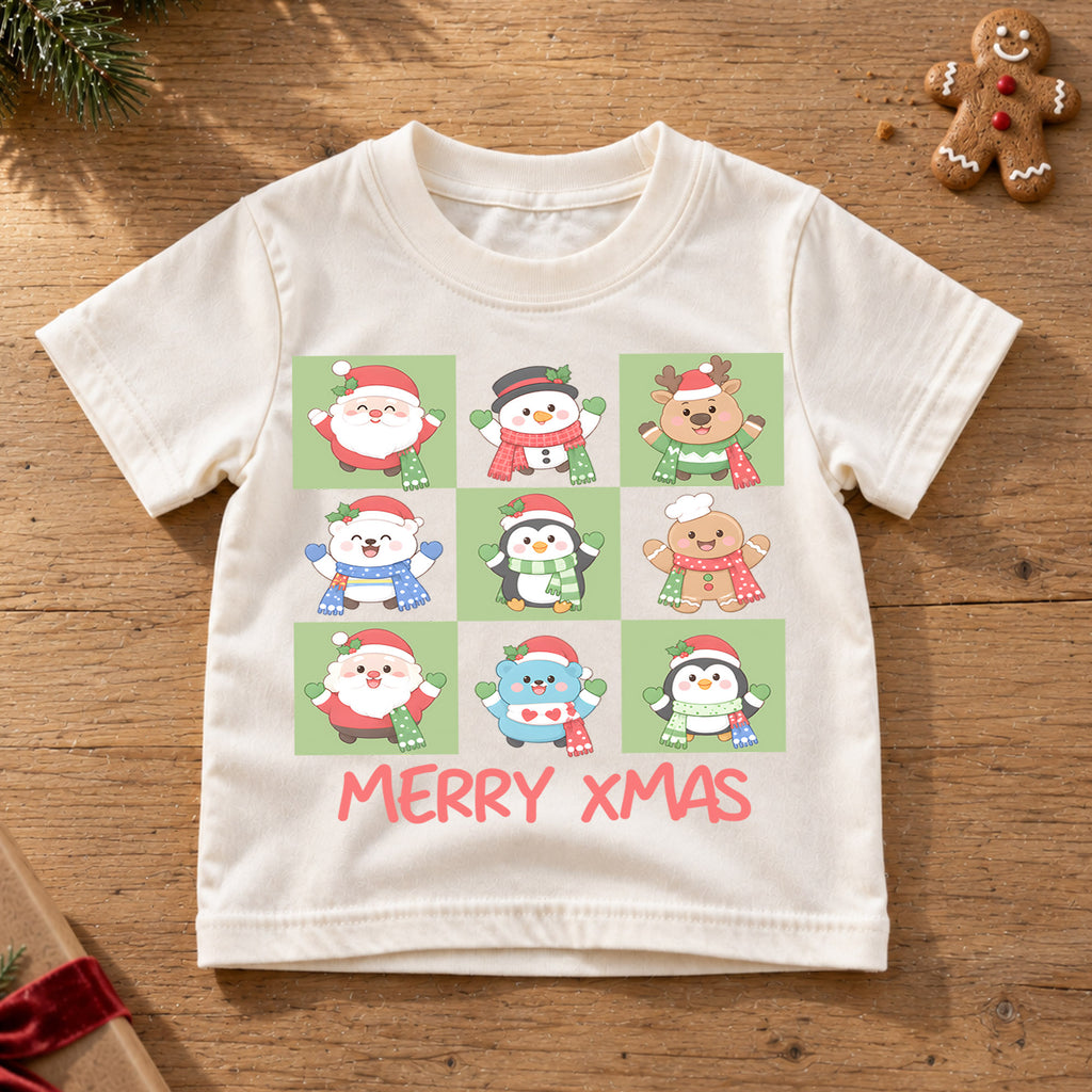 Merry Xmas Kids Christmas Shirt, Cute Holiday Character Tee, Santa Penguin Snowman Gingerbread T Shirt, Festive Kids Gift — product view 6