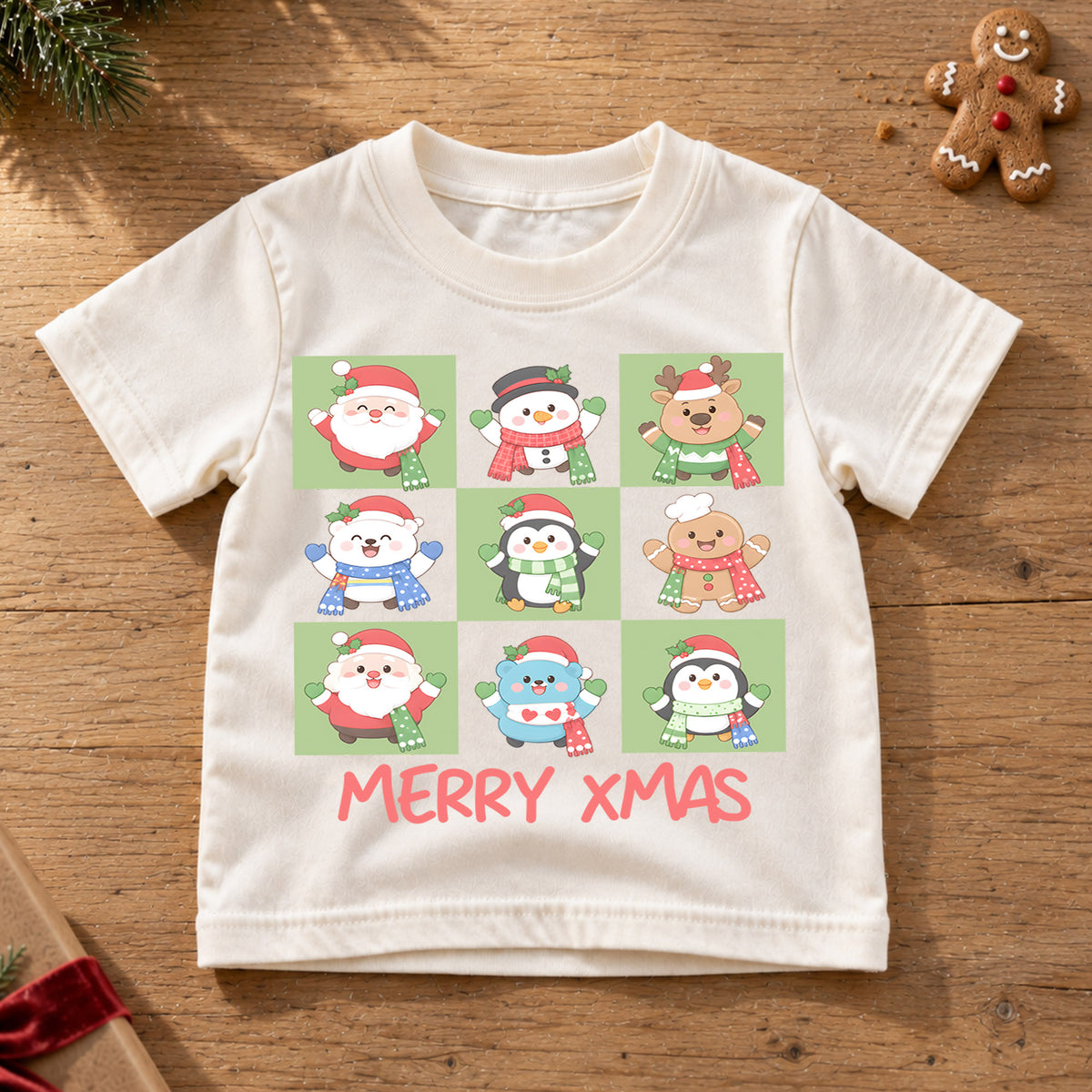 Merry Xmas Kids Christmas Shirt, Cute Holiday Character Tee, Santa Penguin Snowman Gingerbread T Shirt, Festive Kids Gift — product view 6