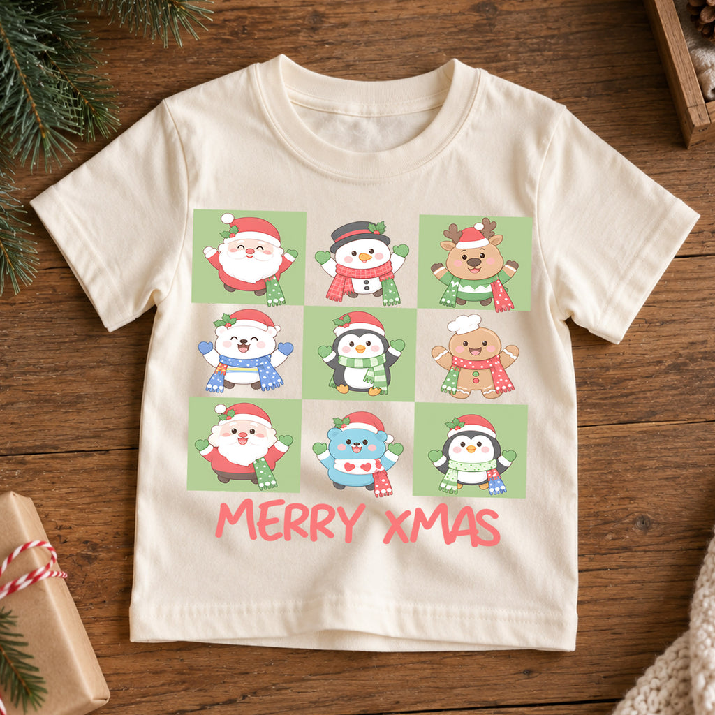 Merry Xmas Kids Christmas Shirt, Cute Holiday Character Tee, Santa Penguin Snowman Gingerbread T Shirt, Festive Kids Gift — product view 7