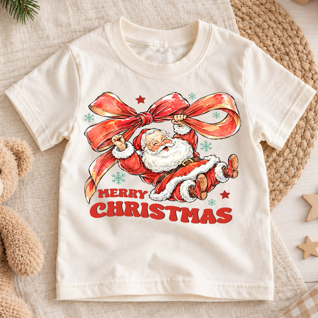 Merry Christmas Santa Kids Shirt, Santa Red Bow Holiday Tee, Vintage Santa Christmas Shirt for Kids, Cute Festive Holiday Outfit and Gift — product view 1