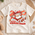 Merry Christmas Santa Kids Shirt, Santa Red Bow Holiday Tee, Vintage Santa Christmas Shirt for Kids, Cute Festive Holiday Outfit and Gift — product view 1