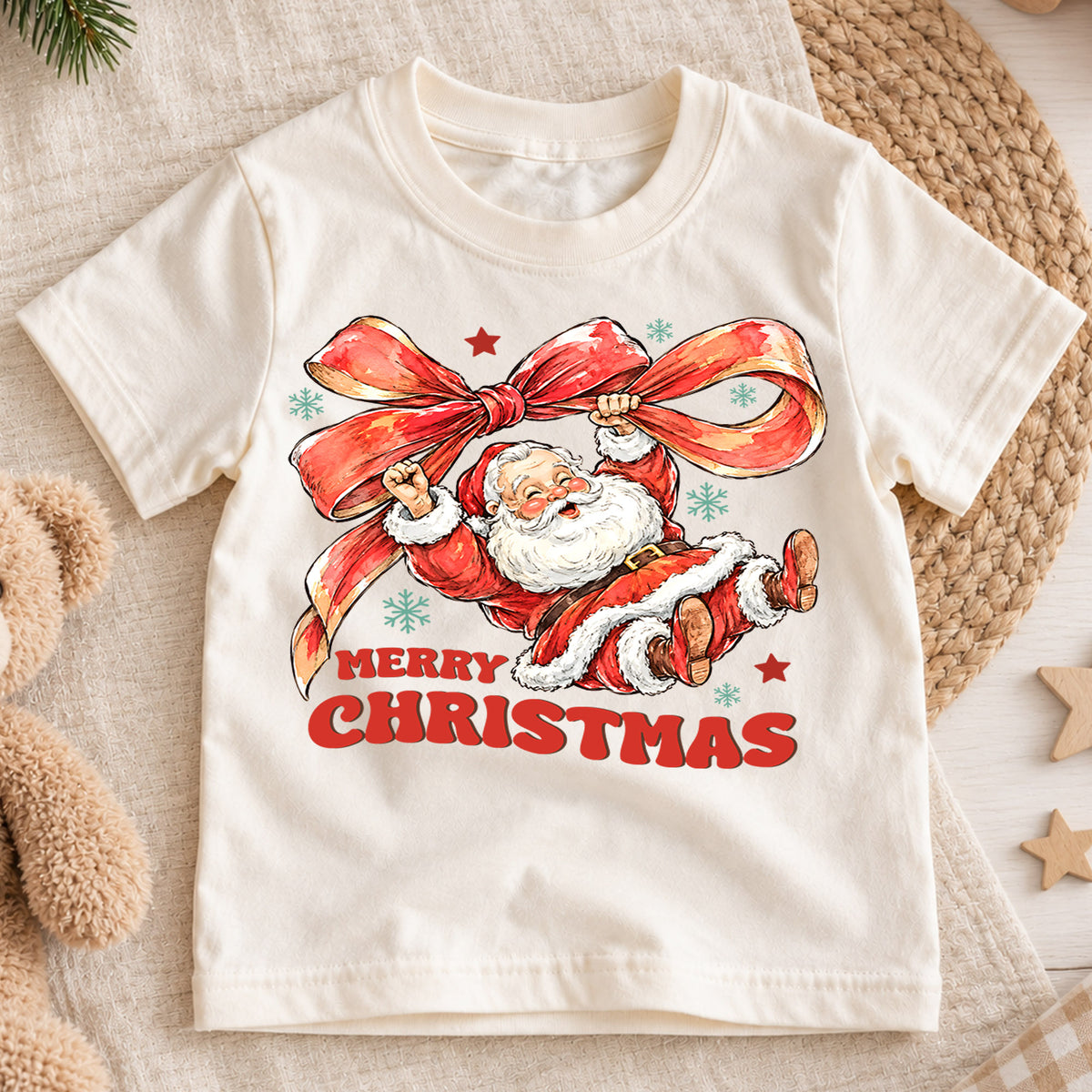 Merry Christmas Santa Kids Shirt, Santa Red Bow Holiday Tee, Vintage Santa Christmas Shirt for Kids, Cute Festive Holiday Outfit and Gift — product view 1