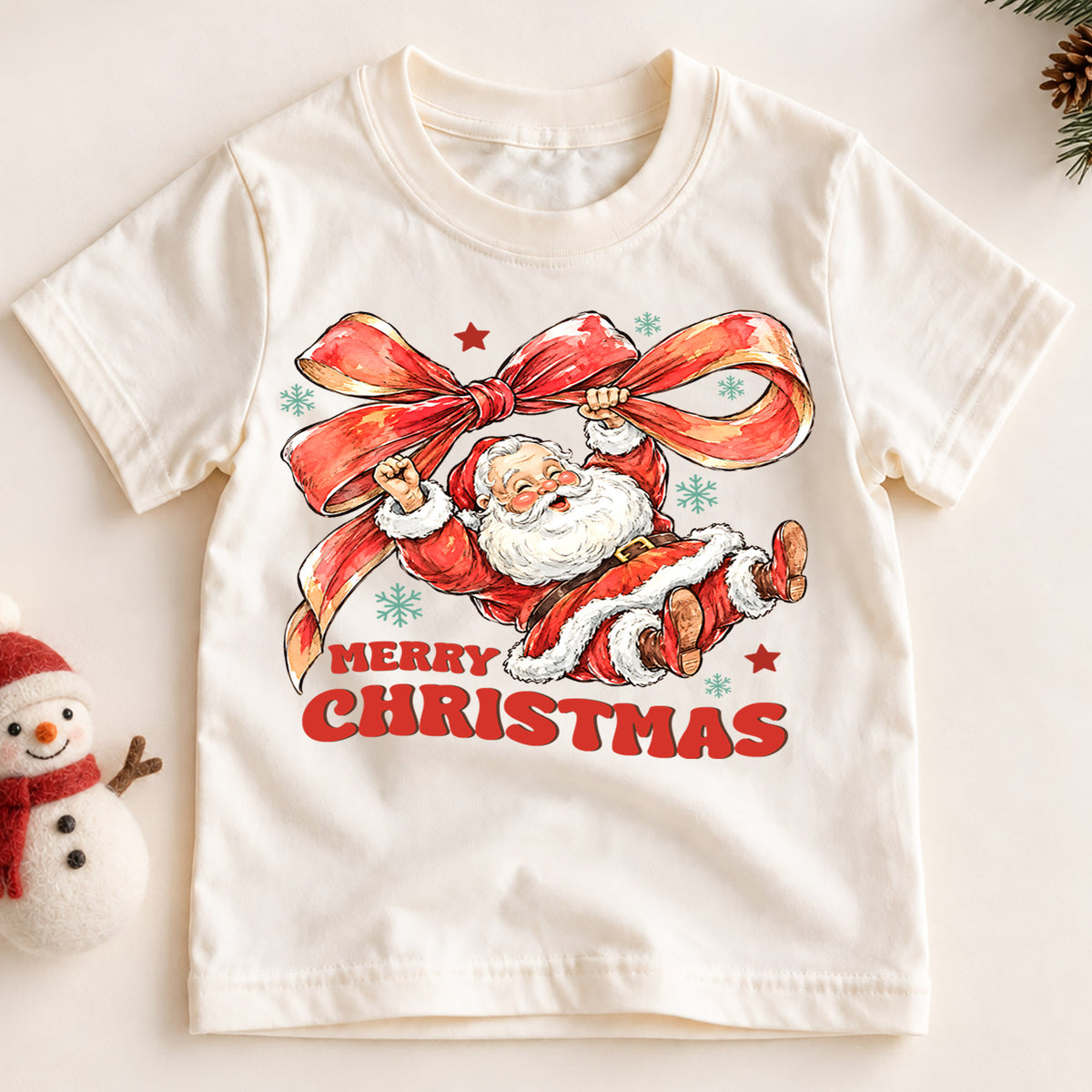 Merry Christmas Santa Kids Shirt, Santa Red Bow Holiday Tee, Vintage Santa Christmas Shirt for Kids, Cute Festive Holiday Outfit and Gift — product view 2