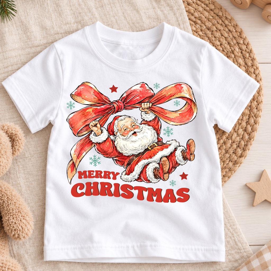 Merry Christmas Santa Kids Shirt, Santa Red Bow Holiday Tee, Vintage Santa Christmas Shirt for Kids, Cute Festive Holiday Outfit and Gift — product view 3