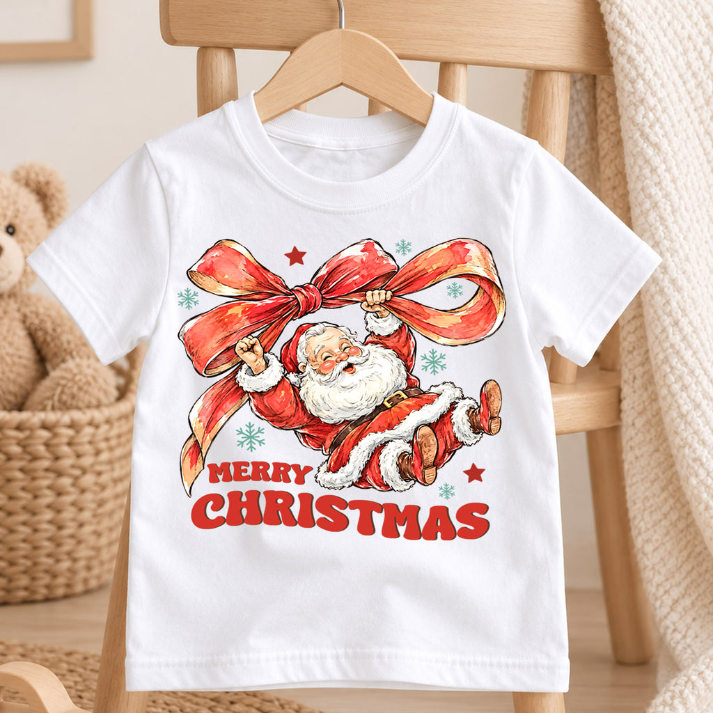 Merry Christmas Santa Kids Shirt, Santa Red Bow Holiday Tee, Vintage Santa Christmas Shirt for Kids, Cute Festive Holiday Outfit and Gift — product view 4