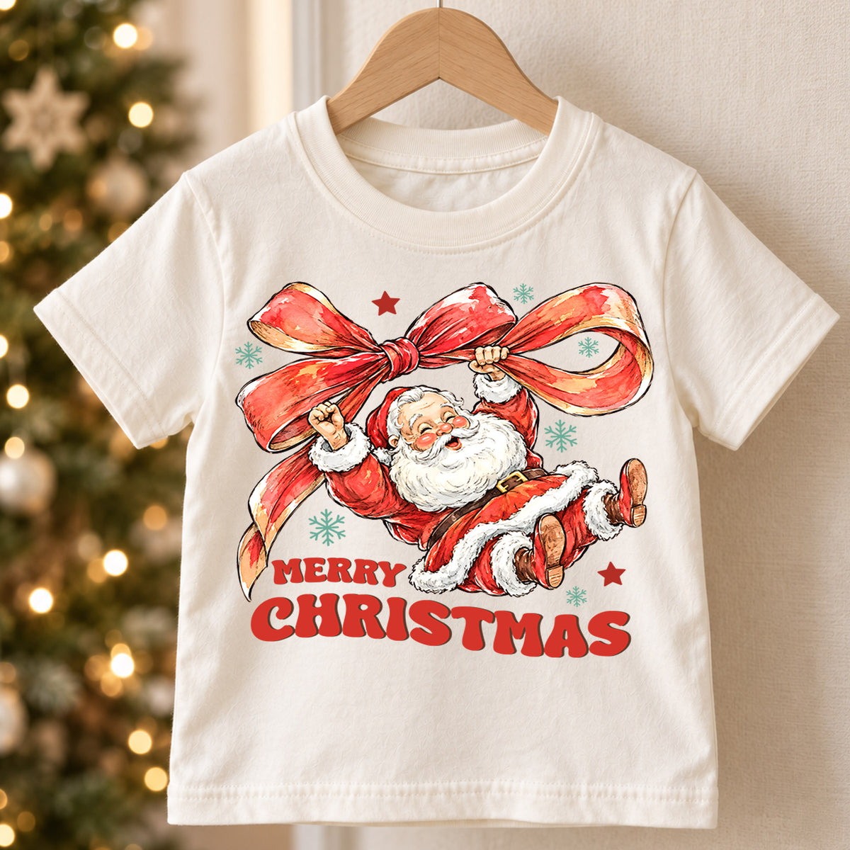 Merry Christmas Santa Kids Shirt, Santa Red Bow Holiday Tee, Vintage Santa Christmas Shirt for Kids, Cute Festive Holiday Outfit and Gift — product view 5