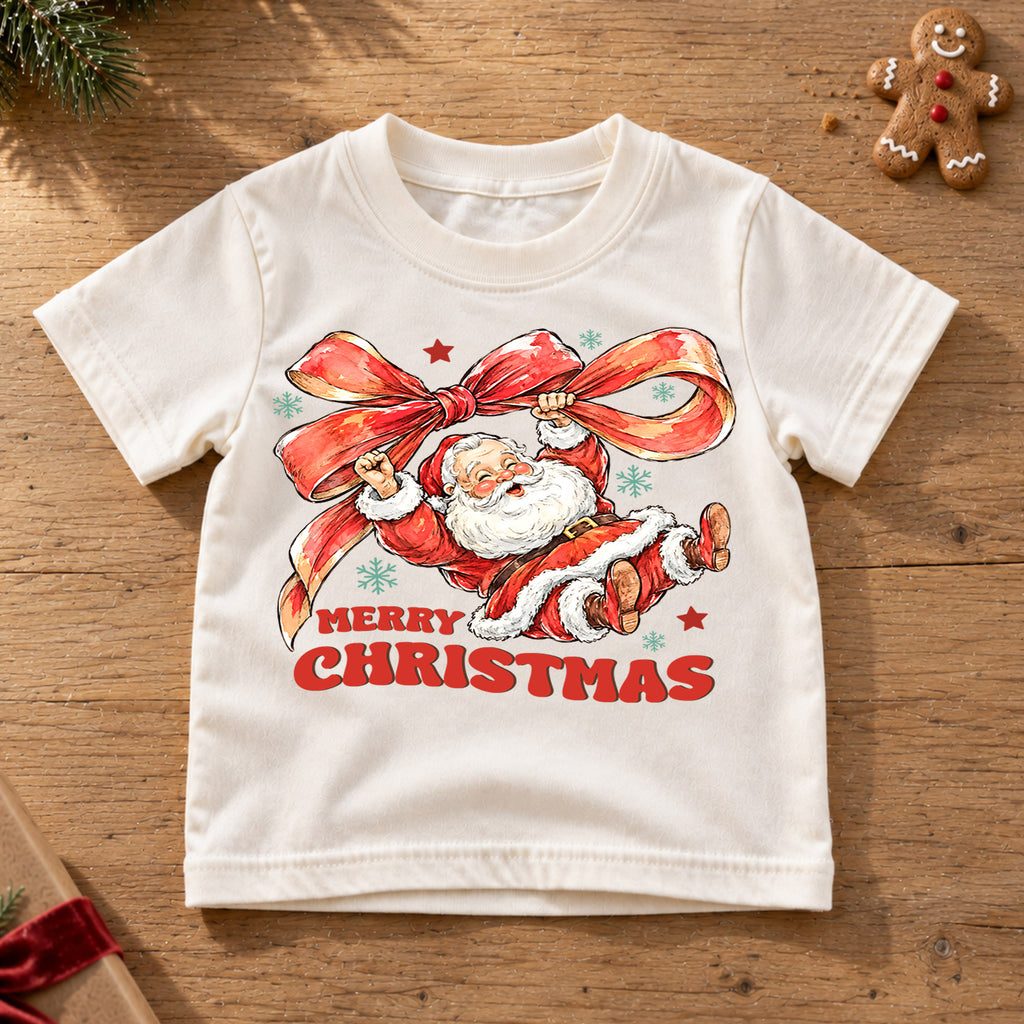 Merry Christmas Santa Kids Shirt, Santa Red Bow Holiday Tee, Vintage Santa Christmas Shirt for Kids, Cute Festive Holiday Outfit and Gift — product view 6