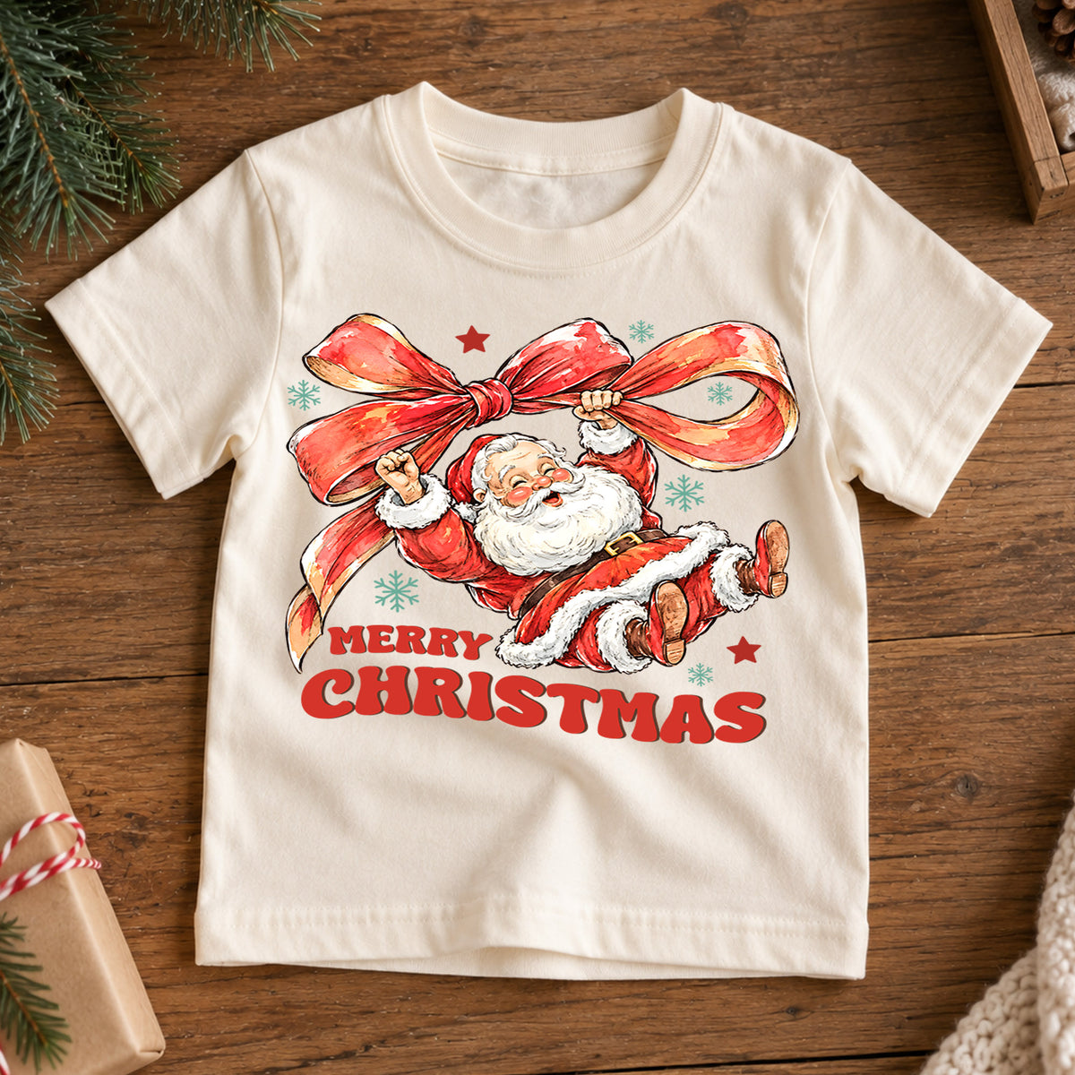 Merry Christmas Santa Kids Shirt, Santa Red Bow Holiday Tee, Vintage Santa Christmas Shirt for Kids, Cute Festive Holiday Outfit and Gift — product view 7