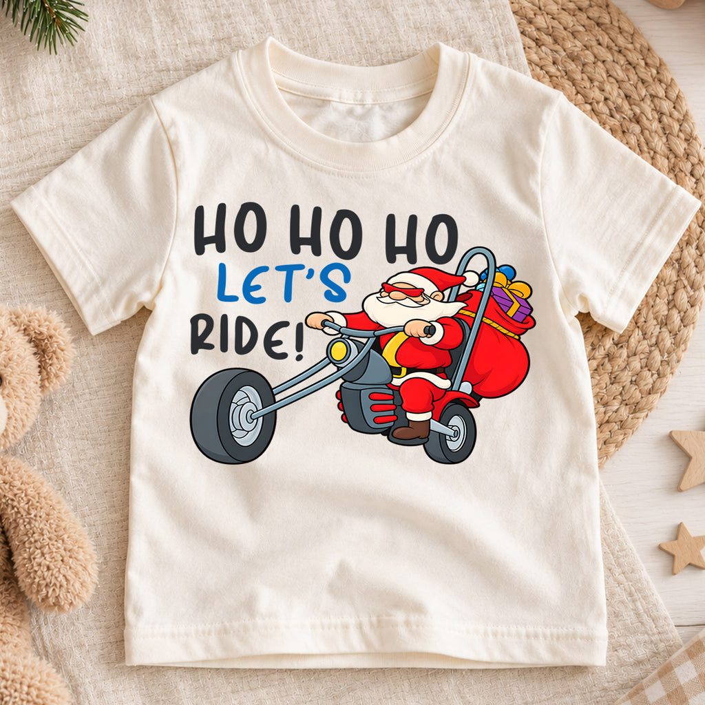 Ho Ho Ho Let's Ride Kids Christmas Shirt, Santa Motorcycle Holiday Tee, Funny Biker Santa Xmas T Shirt, Christmas Gift for Kids — product view 1