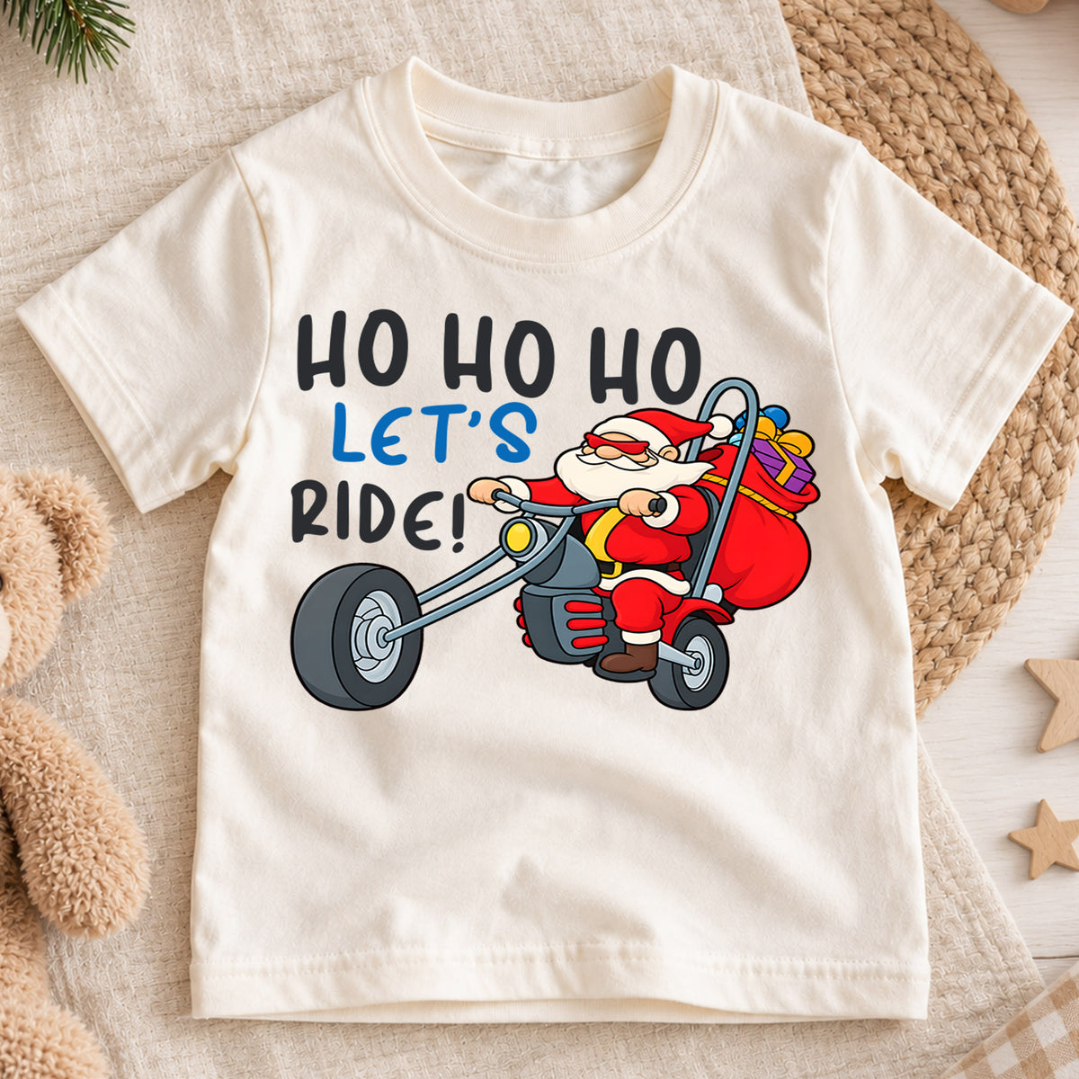 Ho Ho Ho Let's Ride Kids Christmas Shirt, Santa Motorcycle Holiday Tee, Funny Biker Santa Xmas T Shirt, Christmas Gift for Kids — product view 1