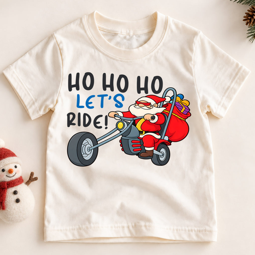 Ho Ho Ho Let's Ride Kids Christmas Shirt, Santa Motorcycle Holiday Tee, Funny Biker Santa Xmas T Shirt, Christmas Gift for Kids — product view 2