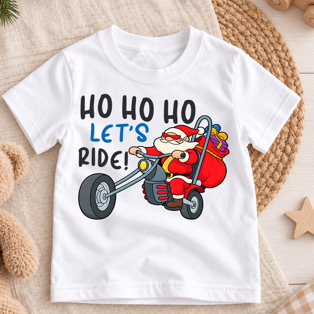 Ho Ho Ho Let's Ride Kids Christmas Shirt, Santa Motorcycle Holiday Tee, Funny Biker Santa Xmas T Shirt, Christmas Gift for Kids — product view 3