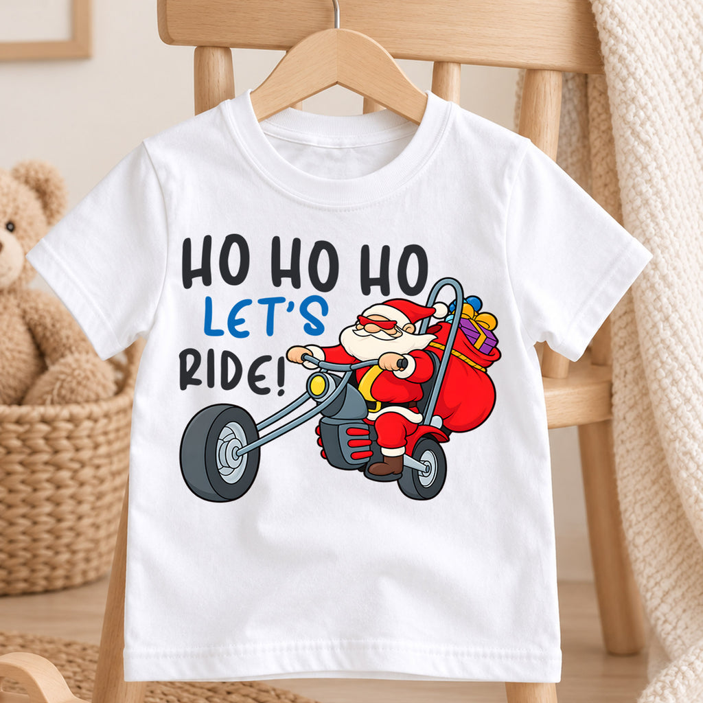 Ho Ho Ho Let's Ride Kids Christmas Shirt, Santa Motorcycle Holiday Tee, Funny Biker Santa Xmas T Shirt, Christmas Gift for Kids — product view 4