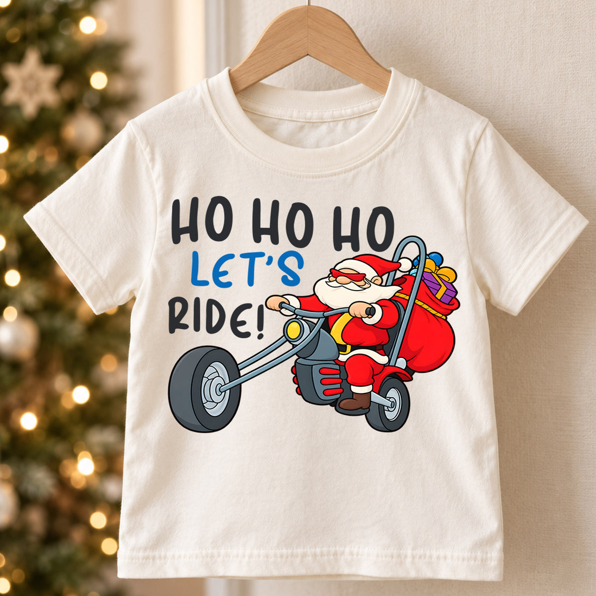 Ho Ho Ho Let's Ride Kids Christmas Shirt, Santa Motorcycle Holiday Tee, Funny Biker Santa Xmas T Shirt, Christmas Gift for Kids — product view 5