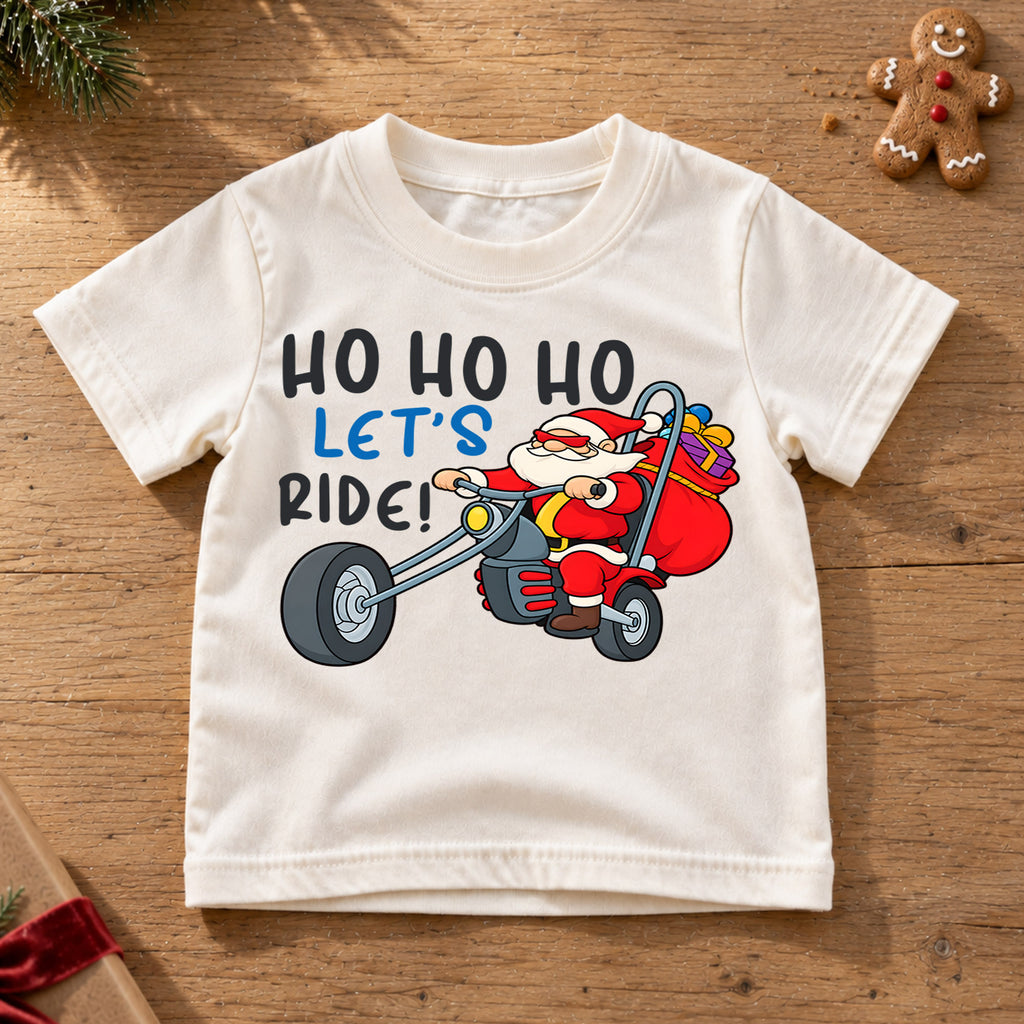 Ho Ho Ho Let's Ride Kids Christmas Shirt, Santa Motorcycle Holiday Tee, Funny Biker Santa Xmas T Shirt, Christmas Gift for Kids — product view 6