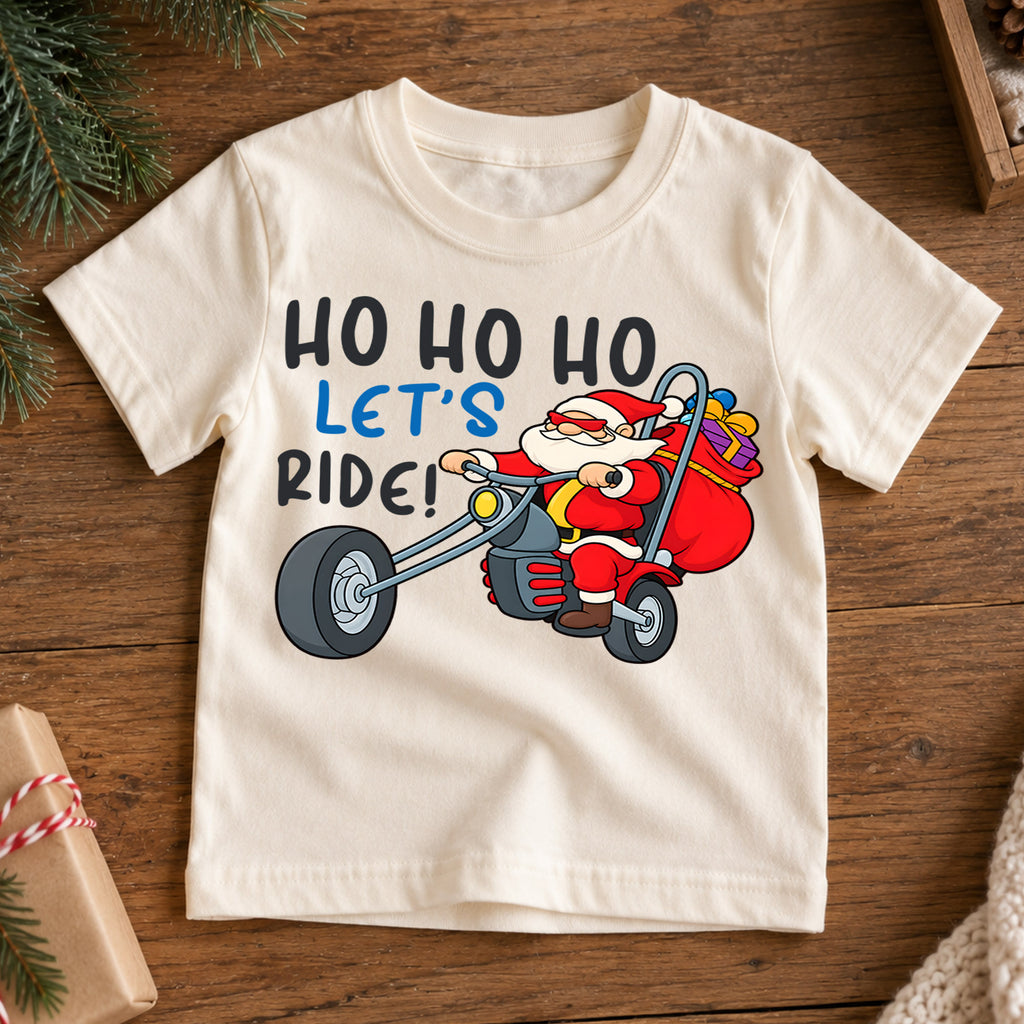 Ho Ho Ho Let's Ride Kids Christmas Shirt, Santa Motorcycle Holiday Tee, Funny Biker Santa Xmas T Shirt, Christmas Gift for Kids — product view 7